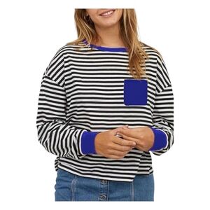 Women's Black and White Striped Tee with Blue Accents